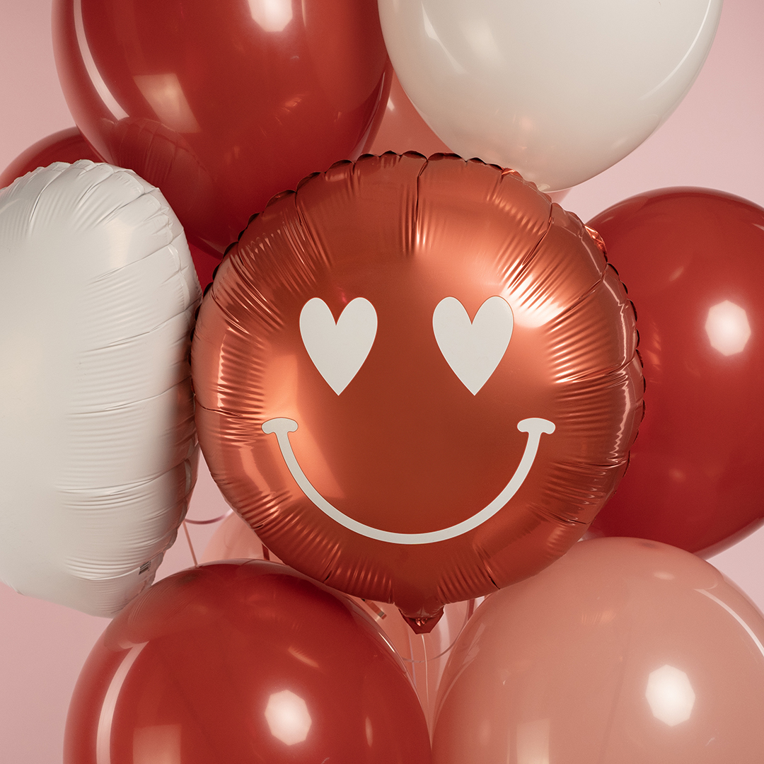Шар (18''/46 см) Круг, Смайл с сердечками, Красный, 1 шт.