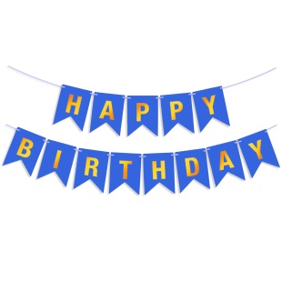 Гирлянда Флажки, Happy Birthday, Синий/Золото, Металлик, 500 см, 16*12 см, 1 упак.