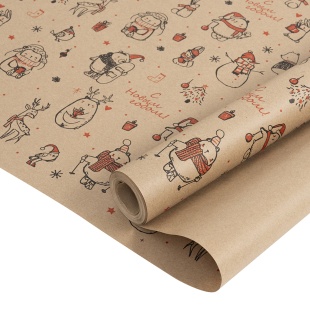 Упаковочная бумага, Крафт 60гр (0,72*10 м) Новогодние друзья, Красный/Черный, 1 шт.