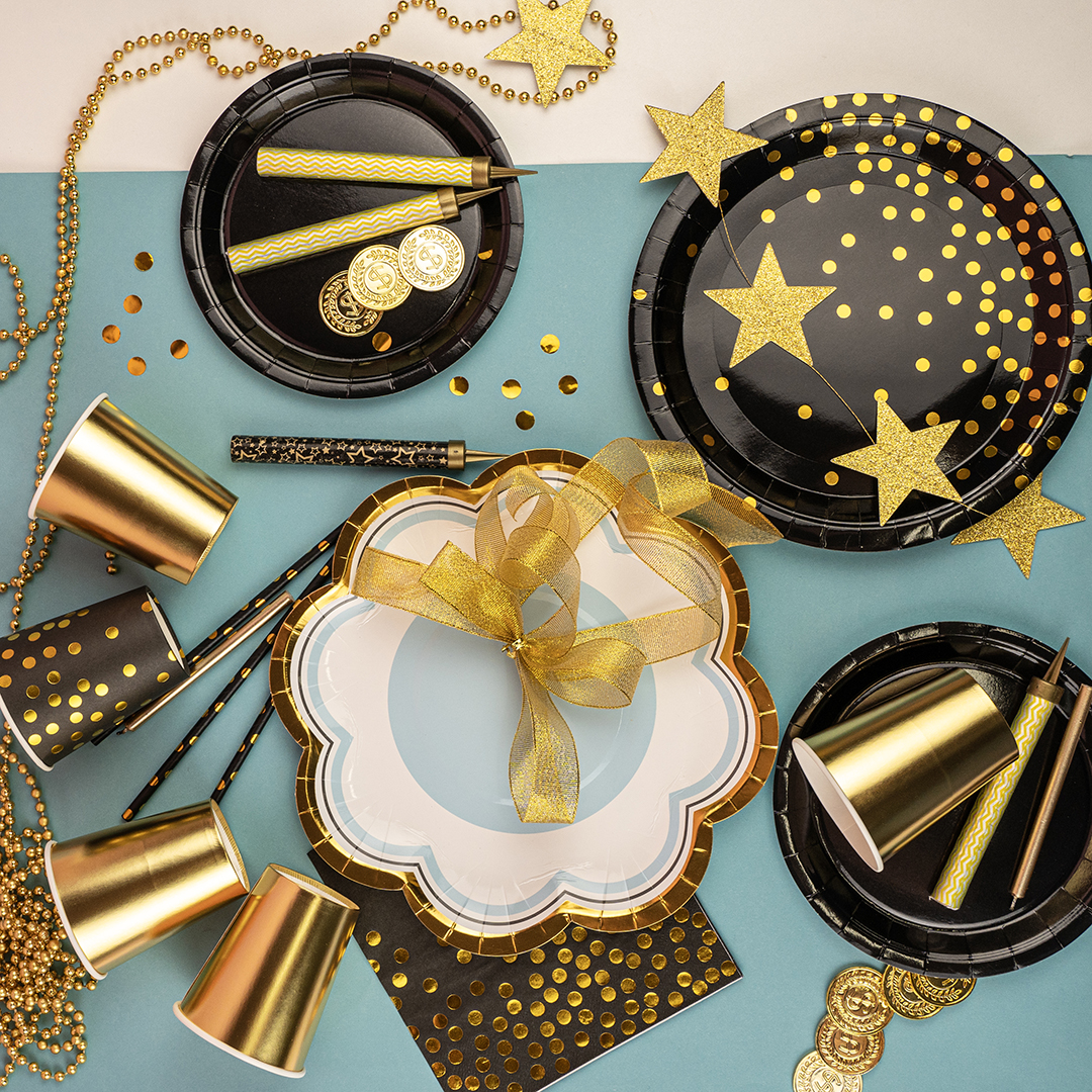 Тарелки (7''/18 см) Конфетти, Черный/Золото, Металлик, 6 шт.