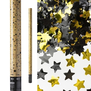 Пневмохлопушка (40/100 см), Звездный фейерверк, Звезды фольга, Черный/Золото, Металлик, 1 шт.