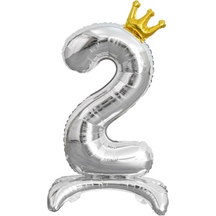 Шар (32''/81 см) Цифра на подставке, 2 Золотая корона, Серебро, 1 шт. в уп.