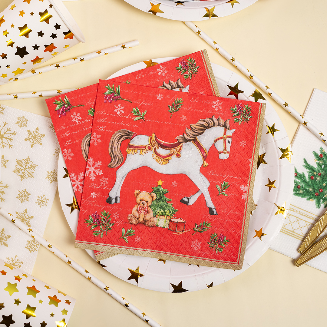 Сервировочные салфетки, Новогодняя лошадка, Красный, 33*33 см, 20 шт.