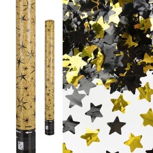 Пневмохлопушка (24/60 см), Звездные искры, Звезды фольга, Золото/Черный, Металлик, 1 шт.