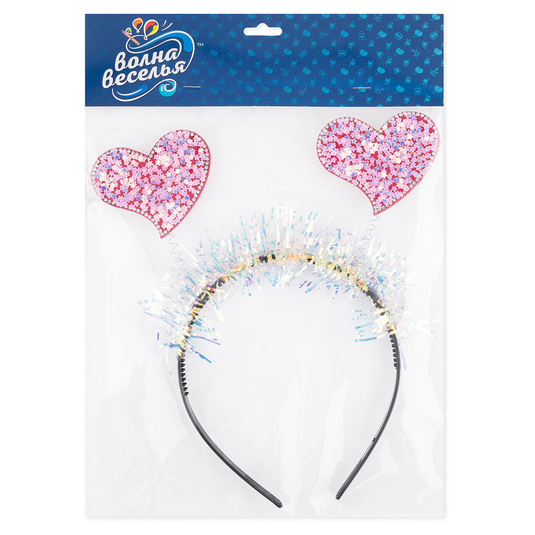 Ободок, Сердечки, Розовый, с блестками, 1 шт. 
