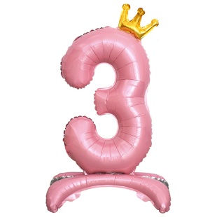 Шар (32''/81 см) Цифра на подставке, 3 Золотая корона, Розовый, 1 шт. в уп.