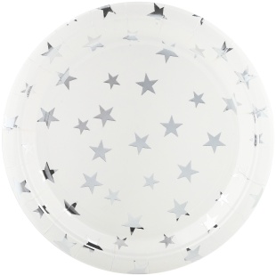 Тарелки (9''/23 см) Серебристые звезды, Белый/Серебро, Металлик, 6 шт.
