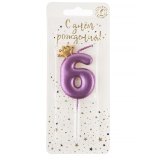Свеча Цифра, 6 Золотая корона, на шпажке, Ярко-розовый, Металлик, 4*5,5 + 4 см, 1 шт. с держат.