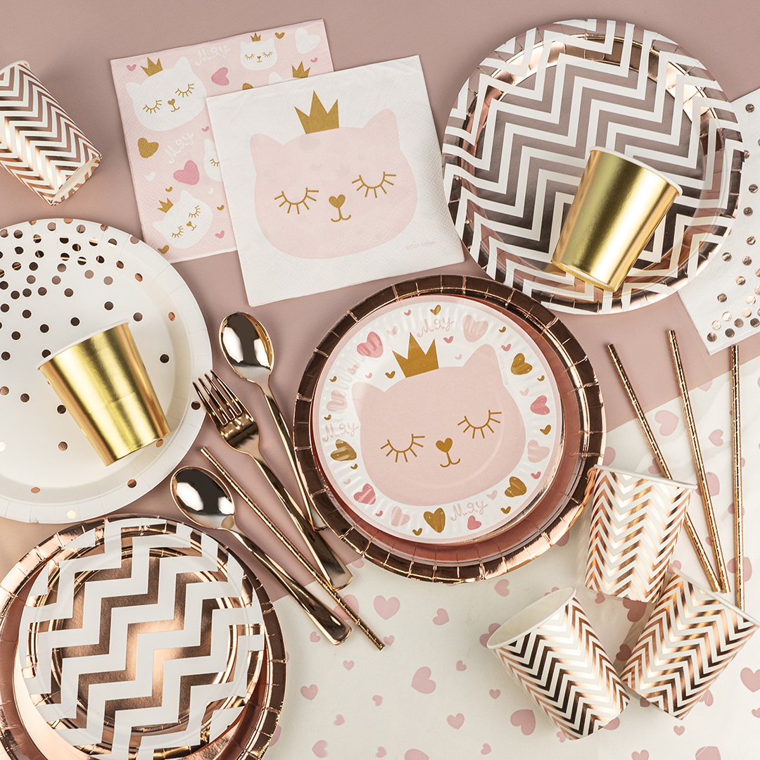 Тарелки (9''/23 см) Конфетти, Белый/Розовое золото, Металлик, 6 шт.