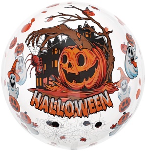 Шар с клапаном (18''/46 см) Сфера, Хэллоуин, Страшная тыква, Прозрачный, Кристалл, 1 шт. в уп.