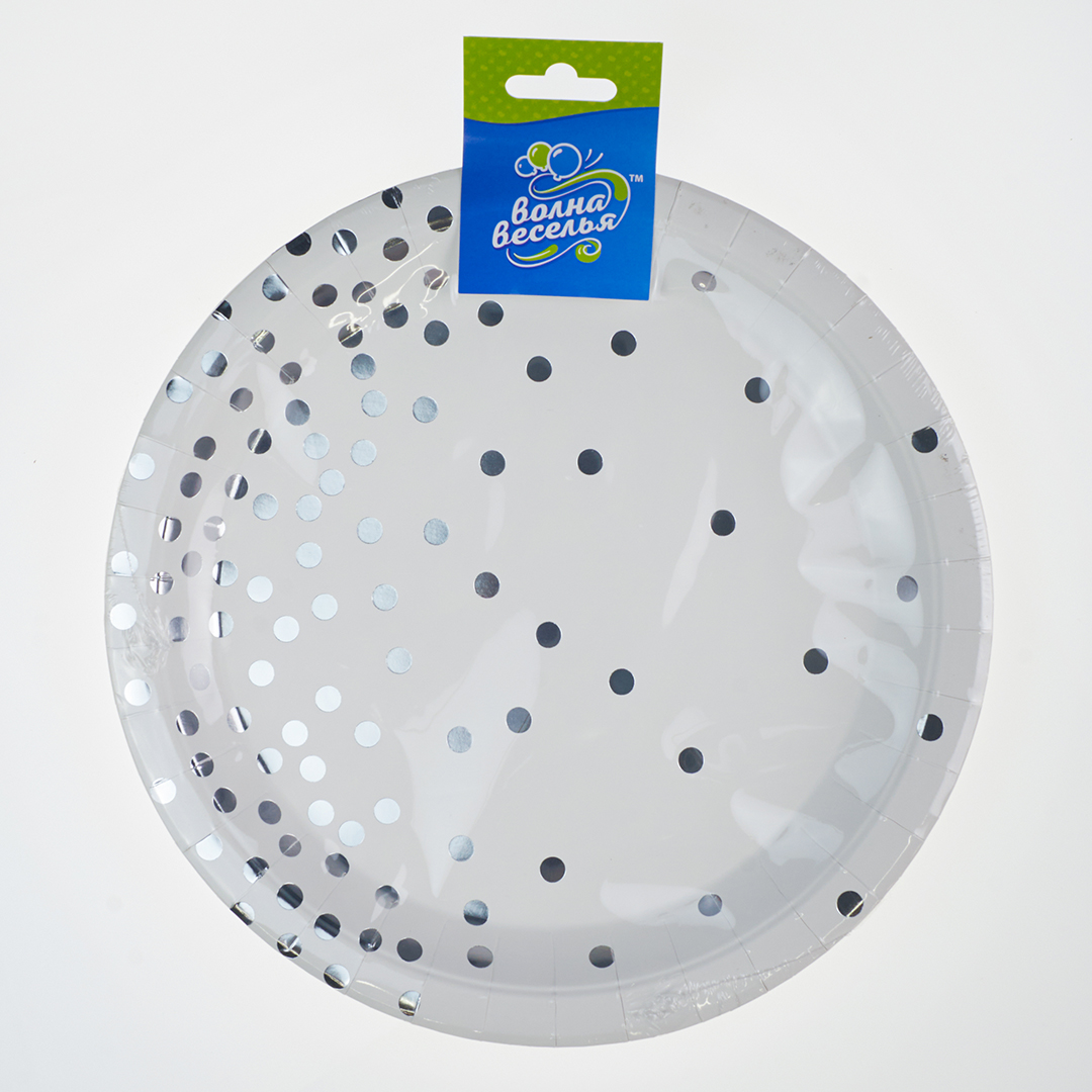 Тарелки (9''/23 см) Конфетти, Белый/Серебро, Металлик, 6 шт.