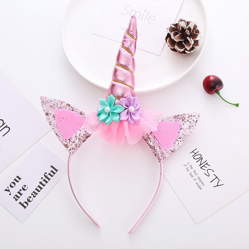 Ободок, Цветочный единорог, Розовый, с блестками, 1 шт. 