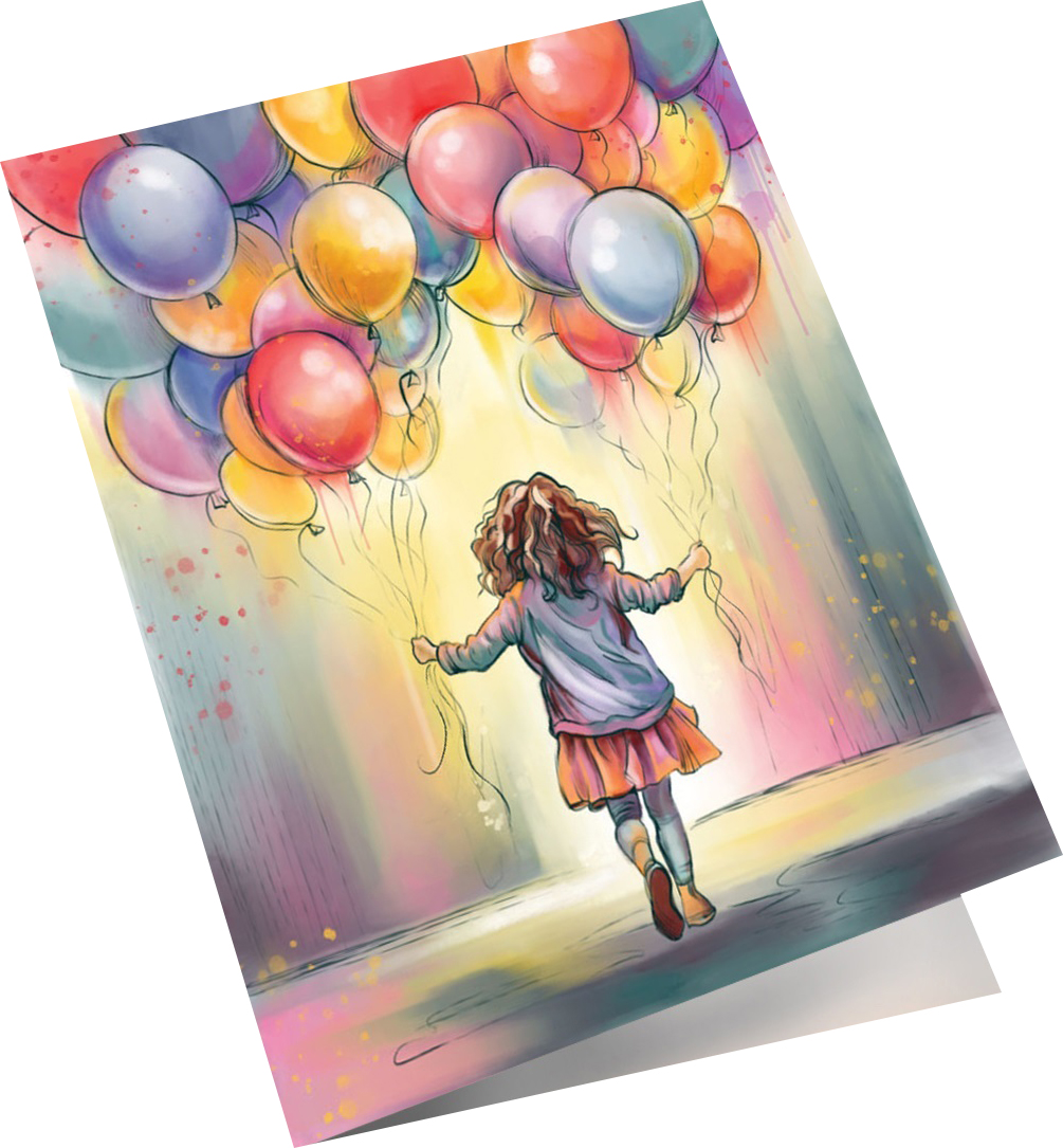 Мини - открытка, Девочка с шариками, 6,5*8 см, 10 шт.