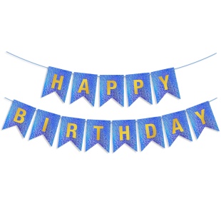 Гирлянда Флажки, Happy Birthday, Королевский синий/Золото, Голография, 350 см, 17*12 см, 1 упак.