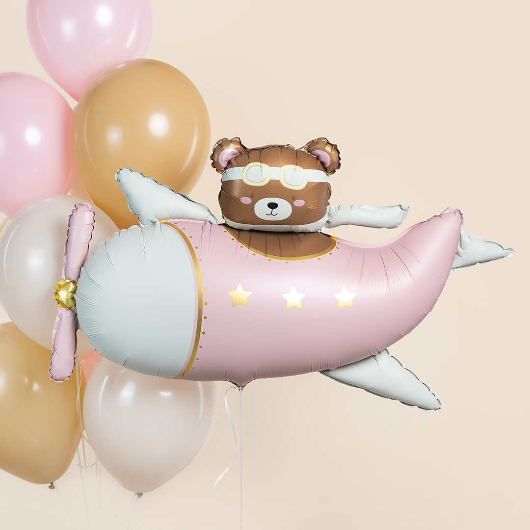 Шар (43''/109 см) Фигура, Мишка в розовом самолете, Сатин, 1 шт. в уп.