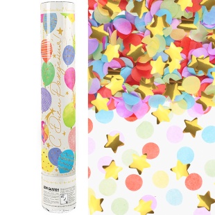 Пневмохлопушка (12/30 см), Воздушные шары, Звезды фольга и круги тишью, Золото, Металлик, 1 шт.