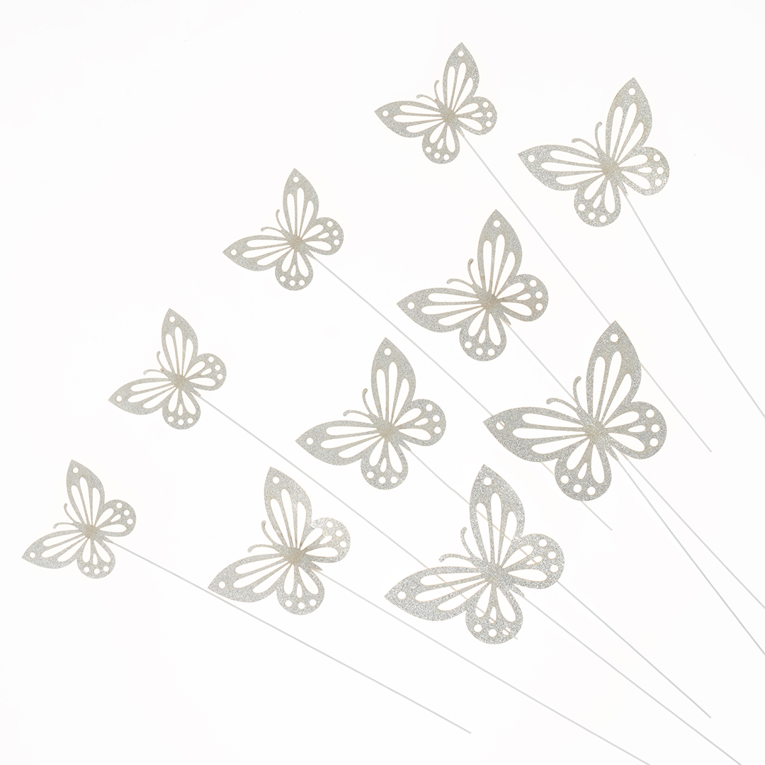 Топперы, Ажурные бабочки, Серебро, 18 см, 10 шт.