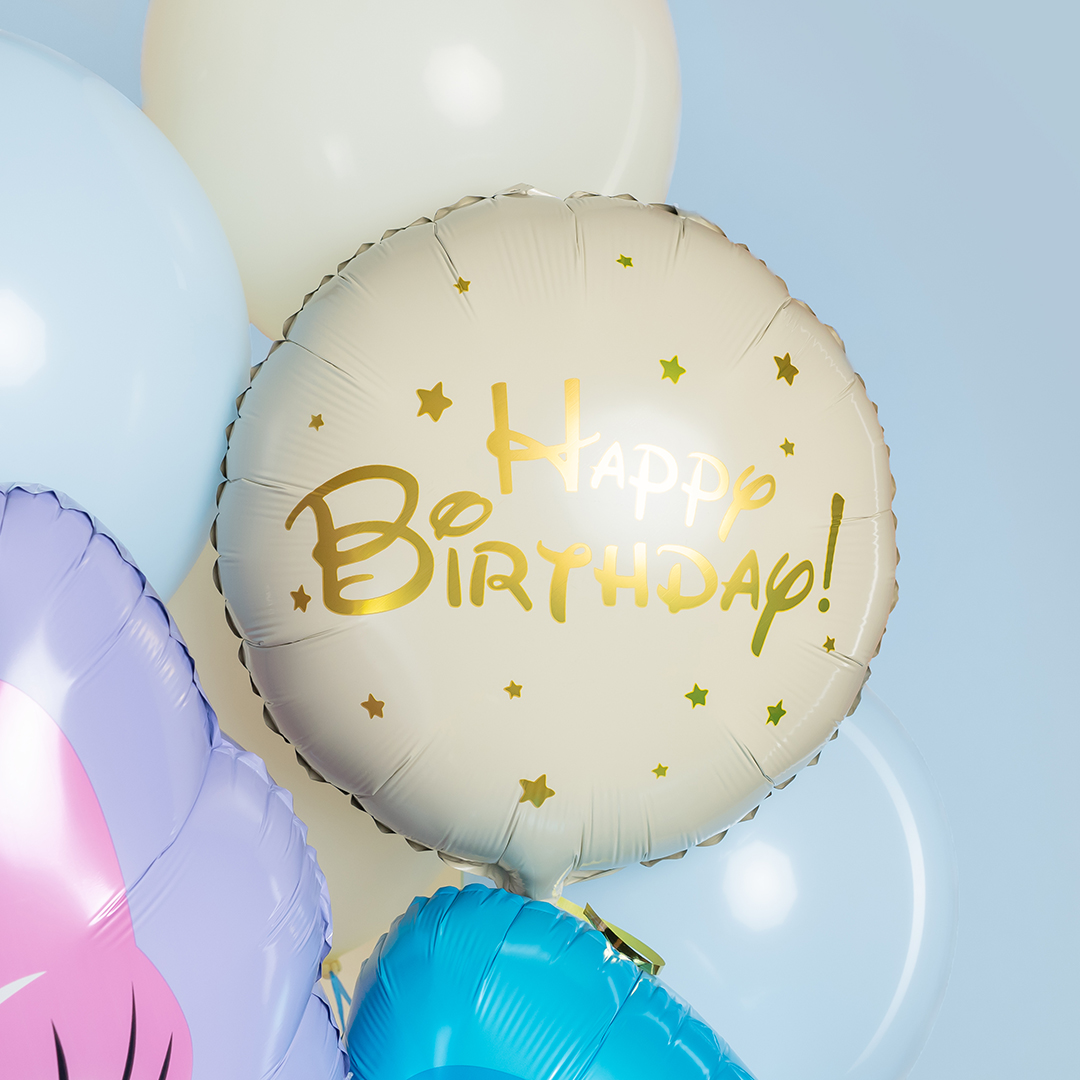 Шар (18''/46 см) Круг, Happy Birthday (золотые звезды), Бежевый, 1 шт. в уп.