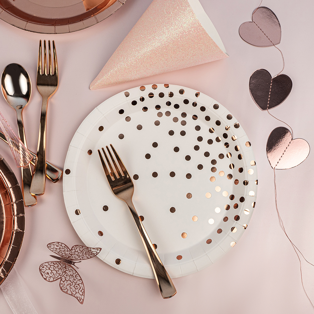 Тарелки (9''/23 см) Конфетти, Белый/Розовое золото, Металлик, 6 шт.