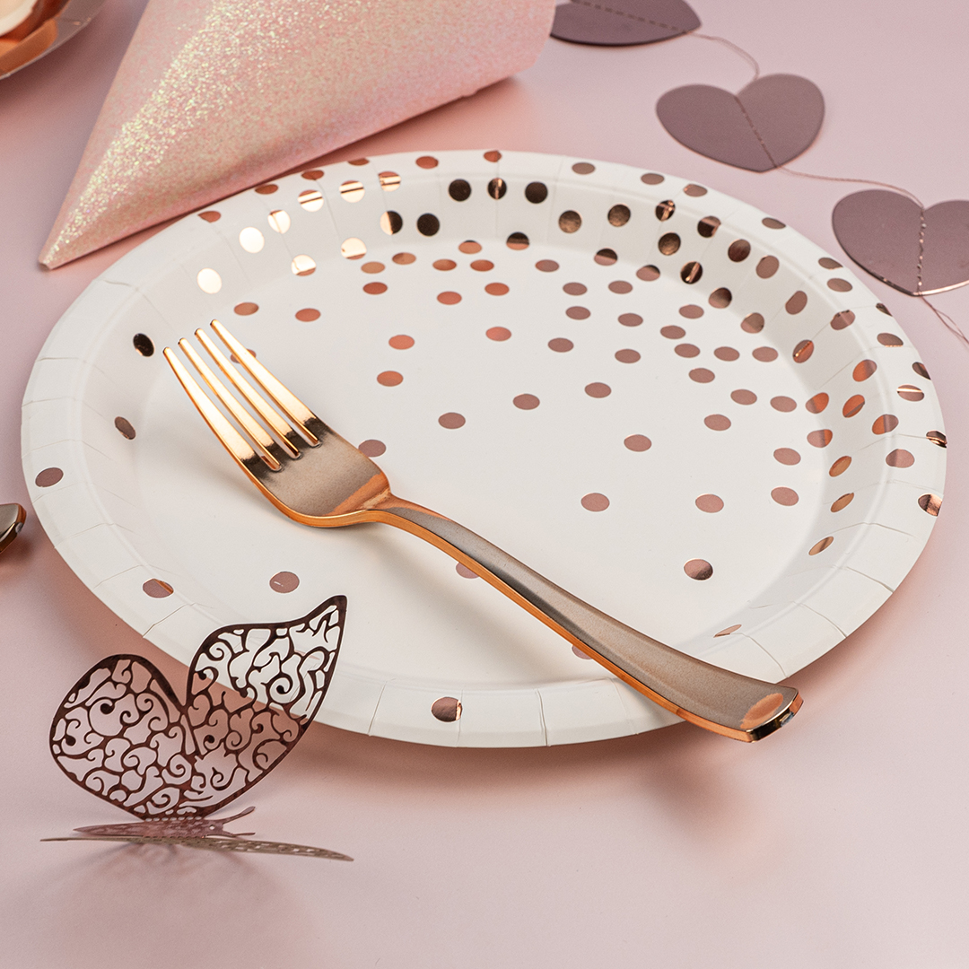 Тарелки (9''/23 см) Конфетти, Белый/Розовое золото, Металлик, 6 шт.