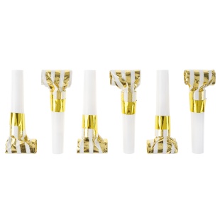 Карнавальные язычки гудки, Полосы, Белый/Золото, Металлик, 6 см, 6 шт. в упак. 