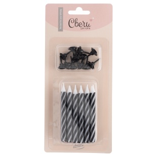 Свечи Полоски, Черный/Белый, 0,55*8 + 1 см, 12 шт. с держат.