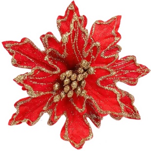 Цветок Пуансеттия, на клипсе, 15 см. Красный/Золото, с блестками, 1 шт.