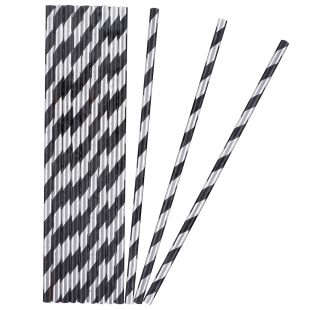 Трубочки для коктейлей, Полосы, Черный/Серебро, Металлик, 12 шт. в упак. 