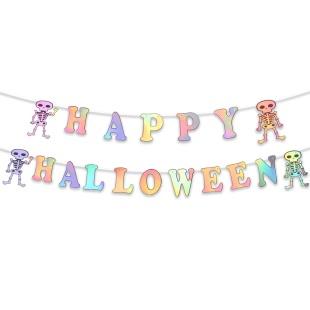 Гирлянда Happy Halloween, Скелеты, Серебро, Голография, 500 см, 19 см, 1 упак.