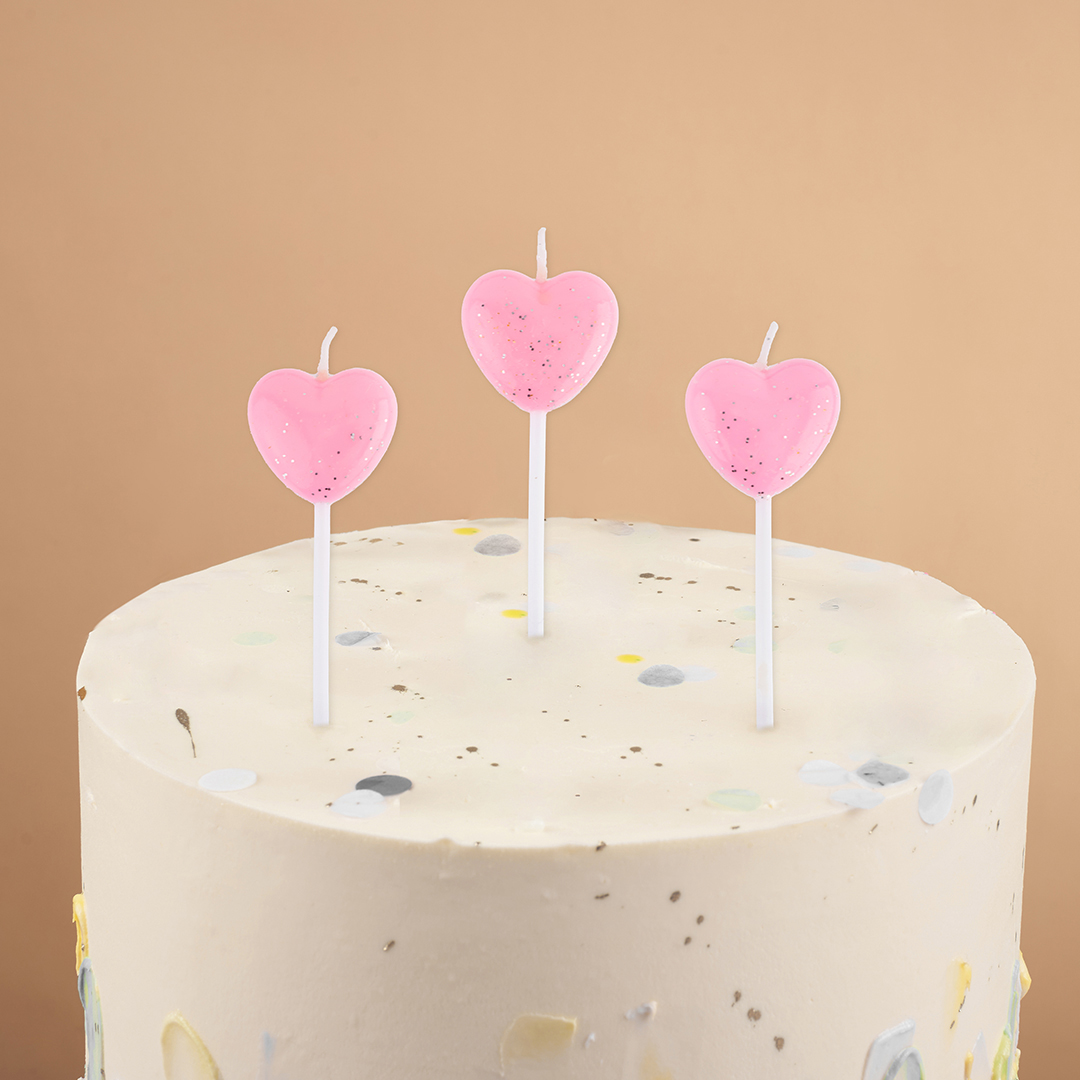 Свечи Сердце, Розовый, с блестками, 5 шт. с держат.
