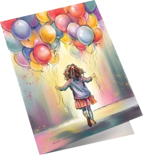 Мини - открытка, Девочка с шариками, 6,5*8 см, 10 шт.