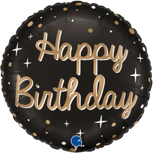 Шар (18''/46 см) Круг, Happy Birthday (золотое конфетти), Черный, Сатин, 1 шт.