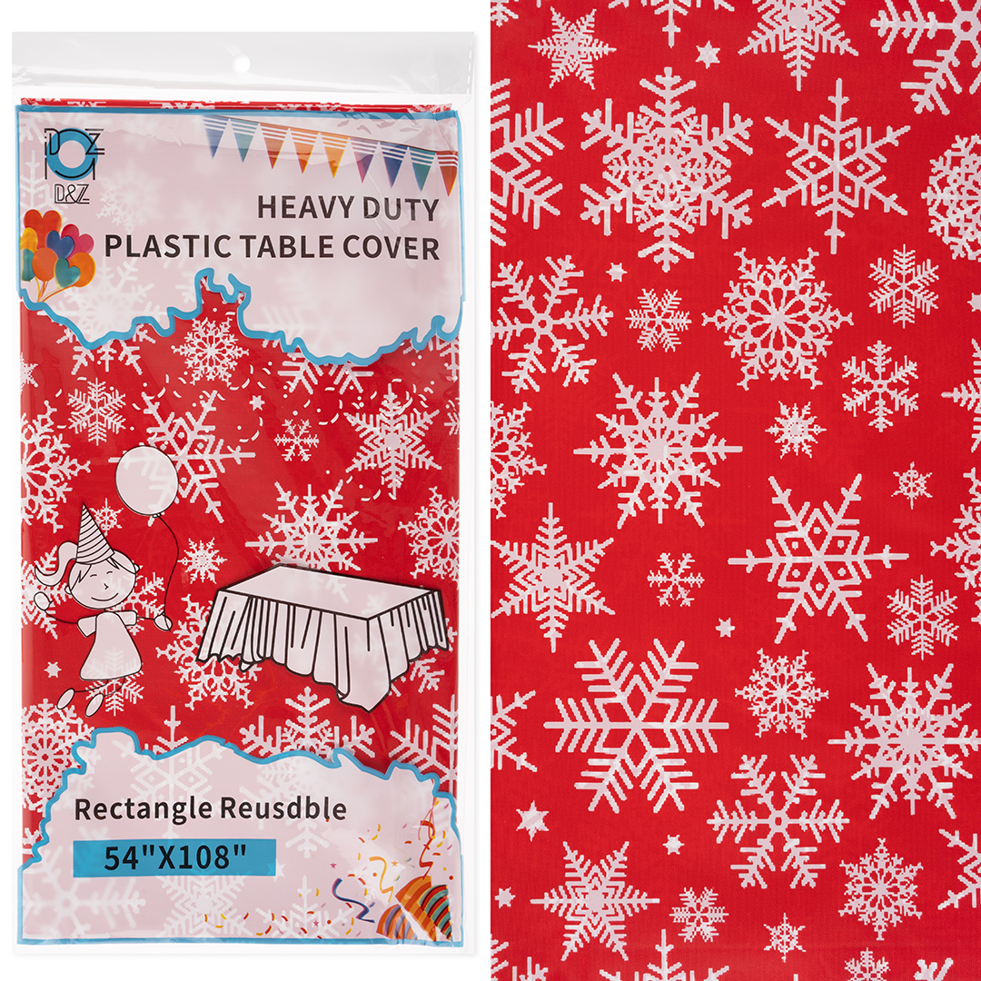 Скатерть одноразовая, Снежинки, Красный/Белый, 137*274 см, 1 шт.