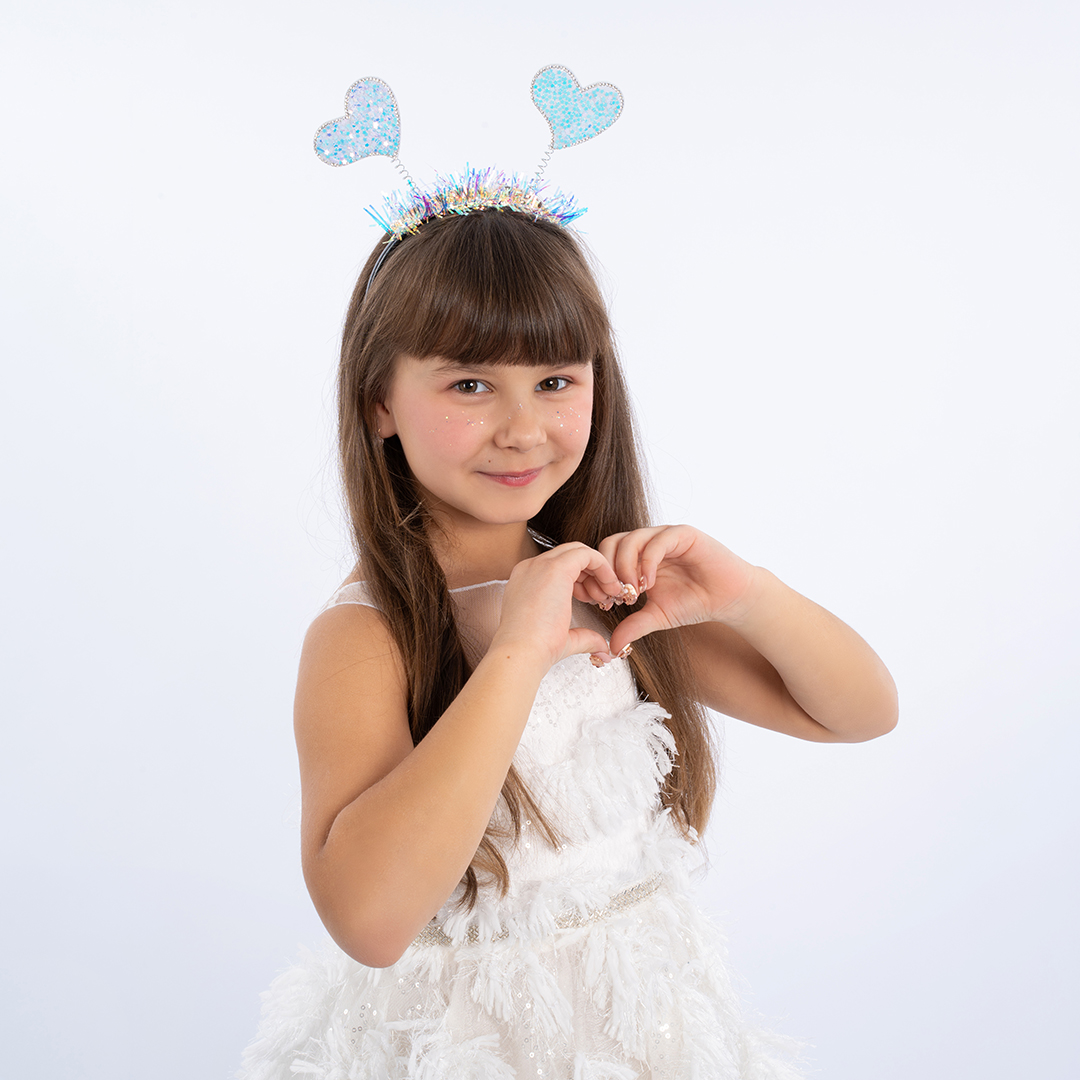 Ободок, Сердечки, Белый, с блестками, 23*21 см, 1 шт. 