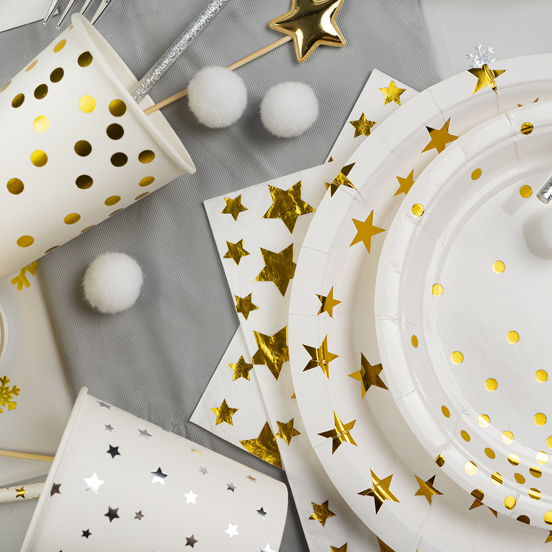 Тарелки (7''/18 см) Конфетти, Белый/Золото, Металлик, 6 шт.
