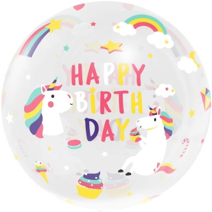 Шар с клапаном (18''/46 см) Сфера, Deco Bubble, Единороги, Прозрачный, Кристалл, 1 шт. в уп.