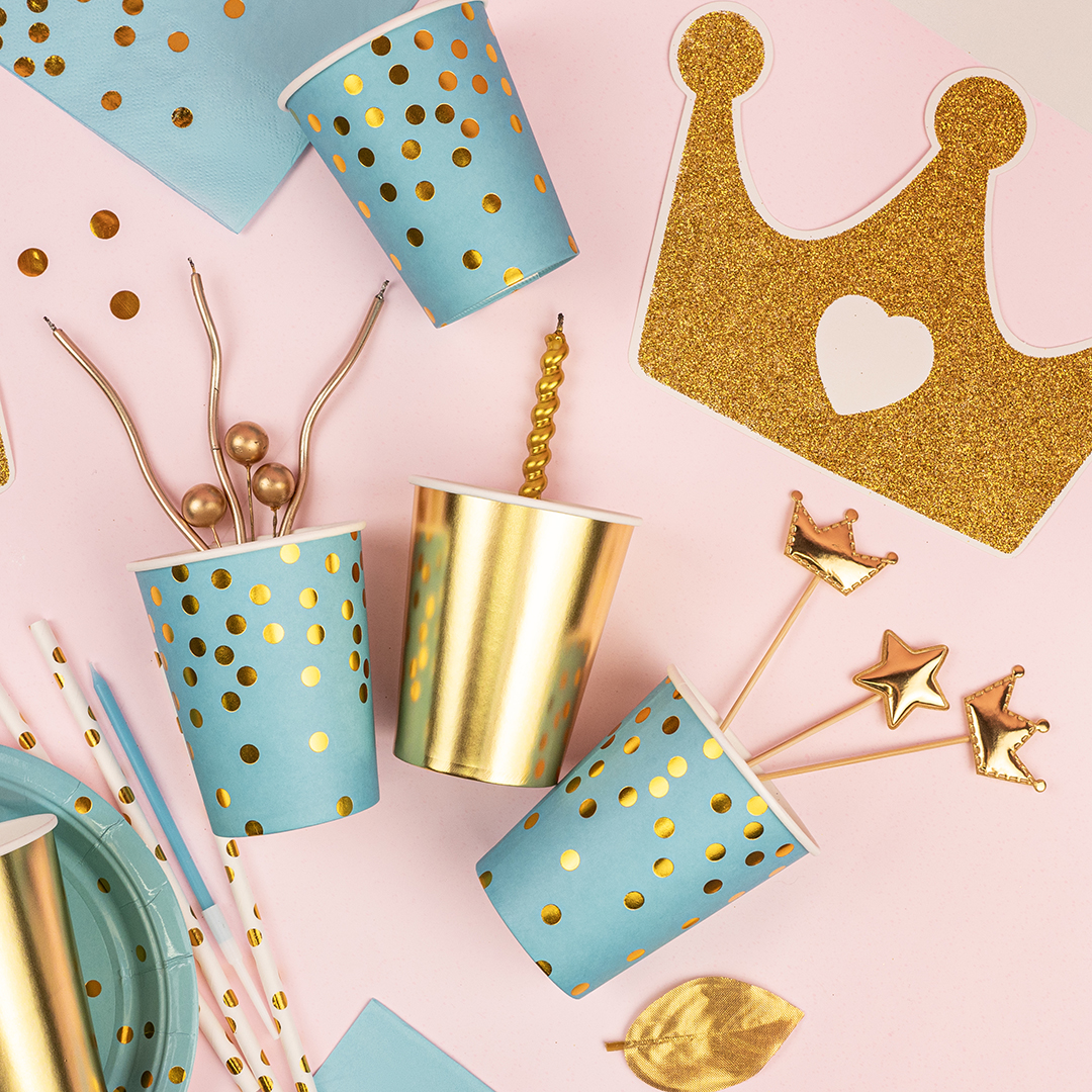 Стаканы (250 мл) Конфетти, Голубой/Золото, Металлик, 6 шт.