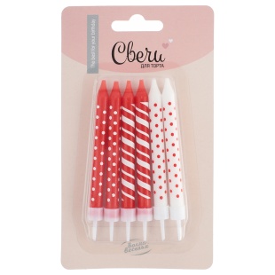 Свечи Микс дизайнов, Белый/Красный, 0,78*8 + 1 см, 6 шт. с держат.