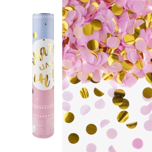 Пневмохлопушка (12/30 см), Гендер Пати, Круги фольга и тишью, Розовый/Золото, Металлик, 1 шт.