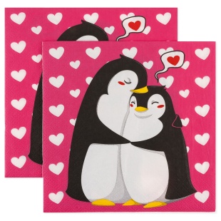 Сервировочные салфетки, Влюбленные пингвины, Розовый, 33*33 см, 20 шт.