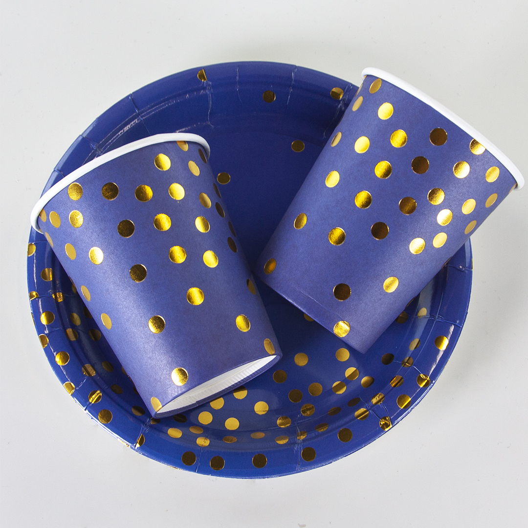 Стаканы (250 мл) Конфетти, Синий/Золото, Металлик, 6 шт.