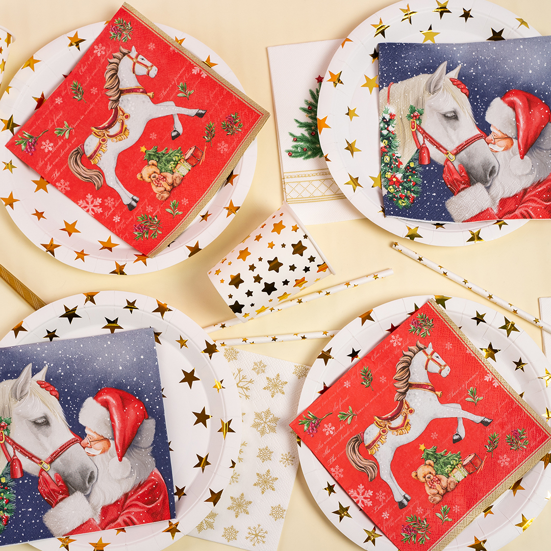 Сервировочные салфетки, Новогодняя лошадка, Красный, 33*33 см, 20 шт.