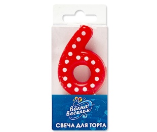Свеча Цифра, 6 Белые точки, Красный, 3*4,5 + 1,5 см, 1 шт. с держат.