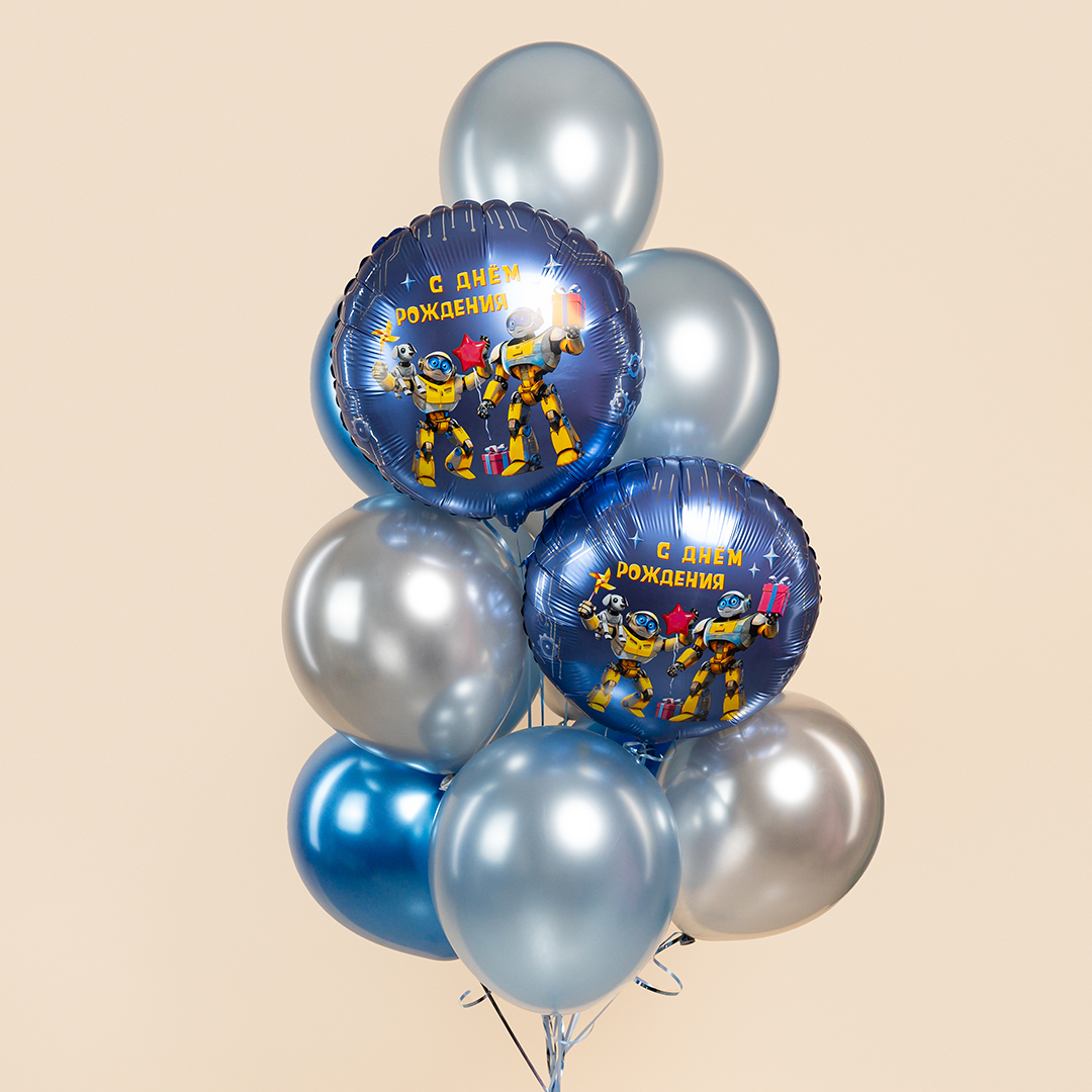 Шар (18''/46 см) Круг, С Днем Рождения (роботы), 1 шт.
