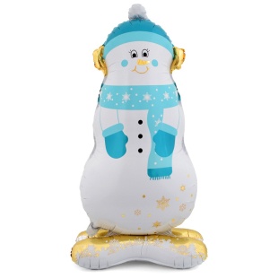 Шар 3D (47''/119 см) Фигура на подставке, Снеговик в голубом шарфе, 1 шт. в уп.