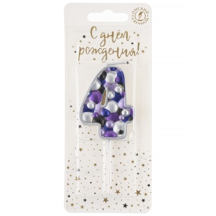 Свеча Цифра, 4 Пузырьки, на шпажке, Сиреневый, Металлик, 4*5,5 + 4 см, 1 шт. с держат.
