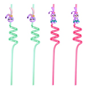 Трубочки для коктейлей (пластик), Зайка, Сиреневый/Розовый, 4 шт. в упак. 