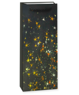 Пакет подарочный для вина, 210гр, Тысячи созвездий, Дизайн №3, Черный/Золото, Металлик, 36*12*9 см, 