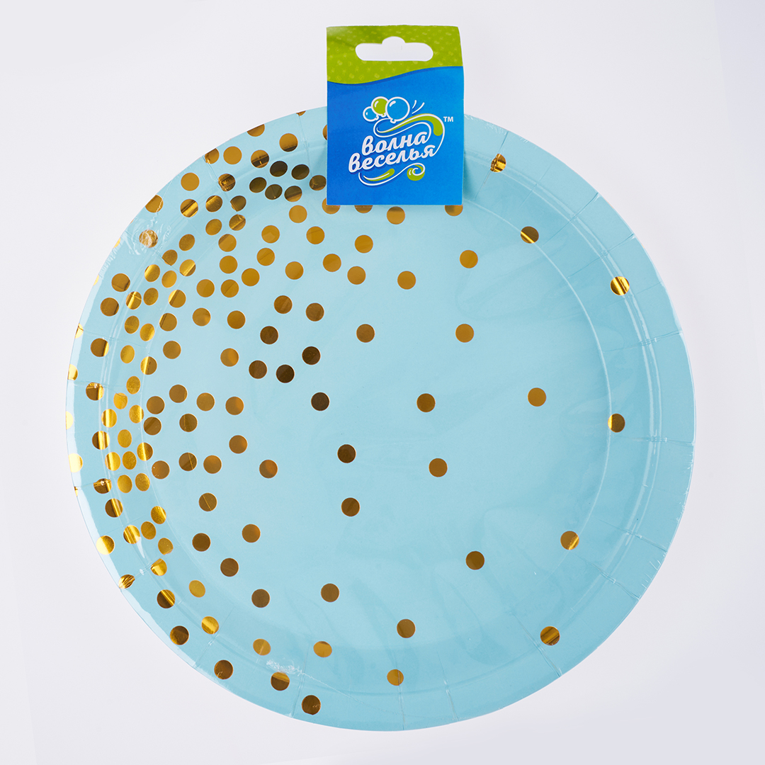 Тарелки (7''/18 см) Конфетти, Голубой/Золото, Металлик, 6 шт.