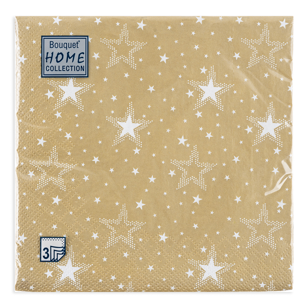 Сервировочные салфетки, Белые звезды, Золото, 33*33 см, 20 шт.